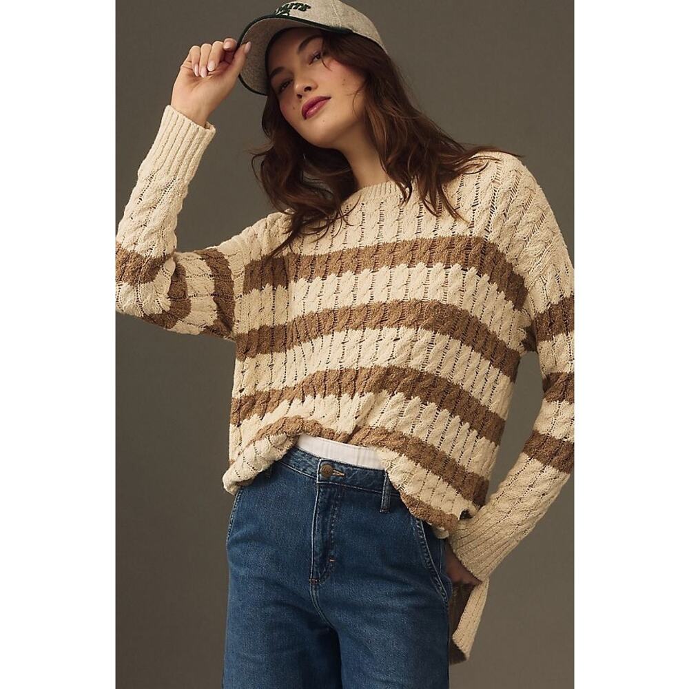 ANTHROPOLOGIE Pilcro Cable Knit Cream Brown Striped Longline Sweater | Small
